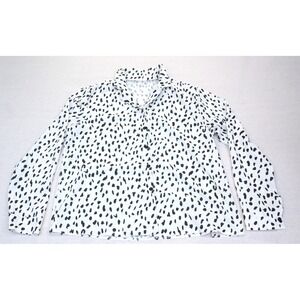 Womens White Black Abstract Spot Print Button Up Blouse Long Sleeve Curved Hem
